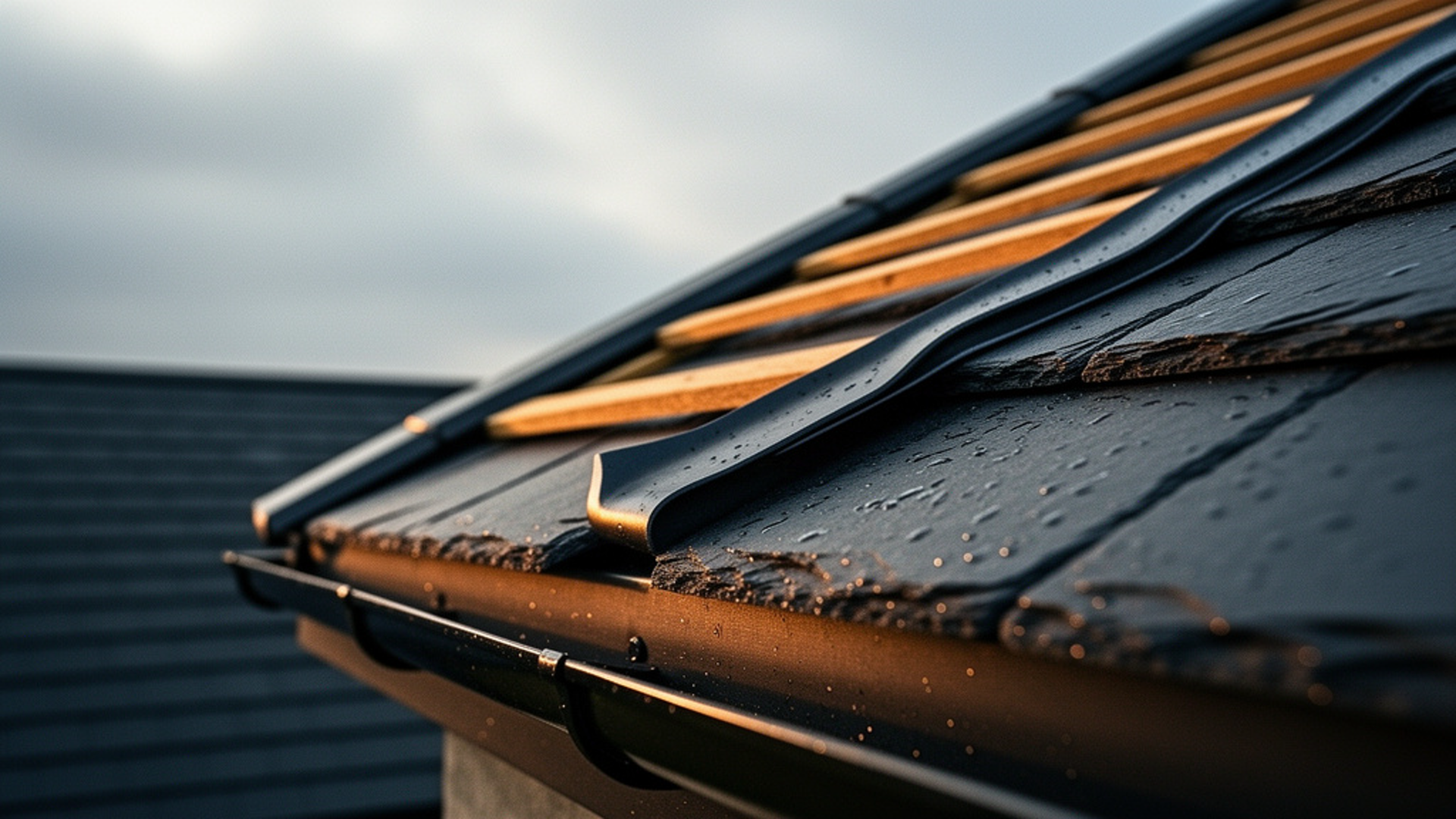 Rain-speckled dark roof tiles with exposed battens and flashing along the roof edge.