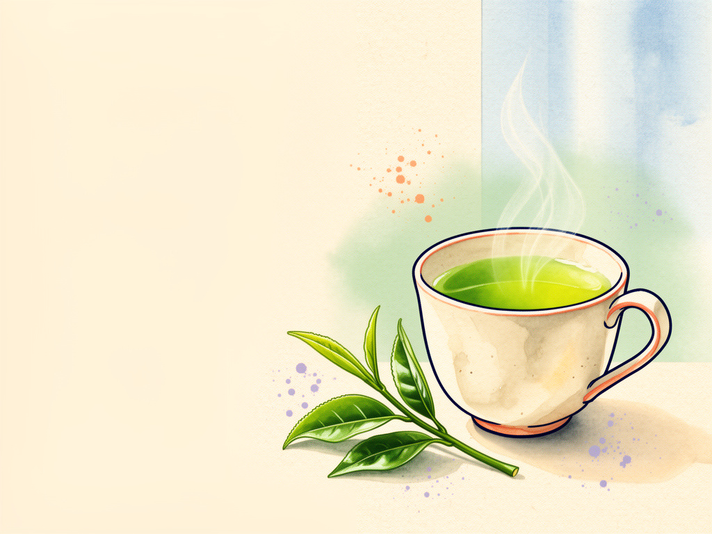 Long green tea leaves on a small branch beside a cup.