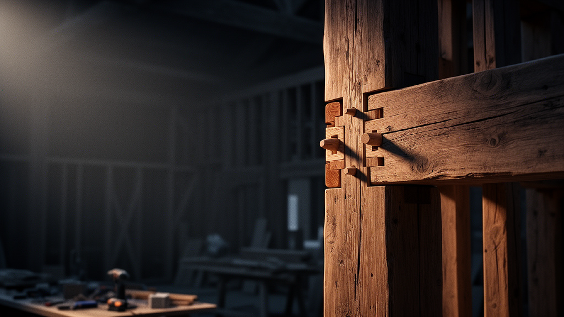 Traditional timber joinery connecting a large beam to a vertical wood post in a workshop.