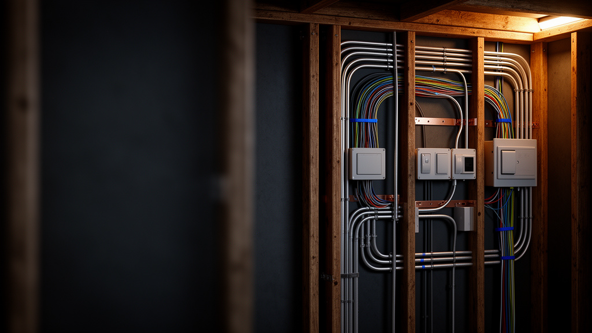 Electrical conduits and colour-coded cables organised between timber wall studs.
