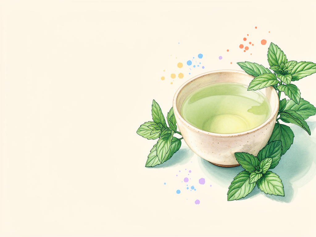 Fresh, serrated peppermint leaves around a cup.